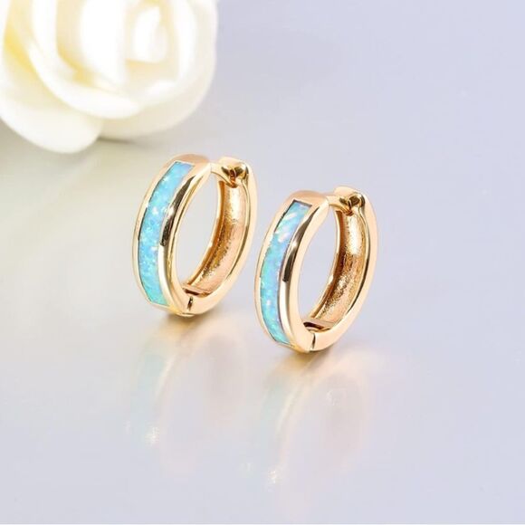 14K Yellow Gold with Genuine White Fire Opal Huggie Hoop Snap Hinge Earrings - Picture 2 of 5